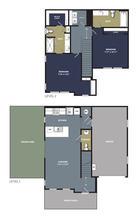 Floor plan for 2 beds, 2.5 baths, 1132 sqft